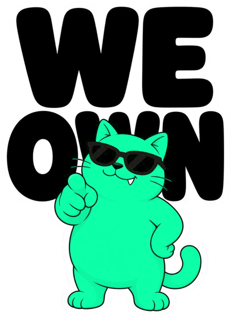 WE OWN logo: a green cat in sunglasses giving a thumbs up